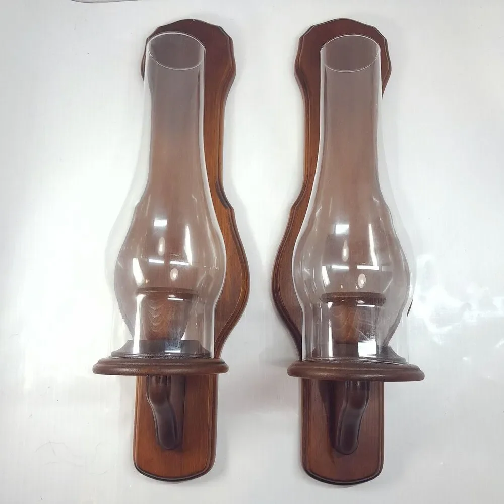 Vintage Three Mountaineers wood wall Sconces set Candle Holders glass hurricane